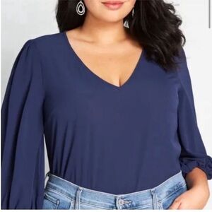 ModCloth Navy Blue V-Neck Balloon Sleeve Blouse | Flowy Top NWT